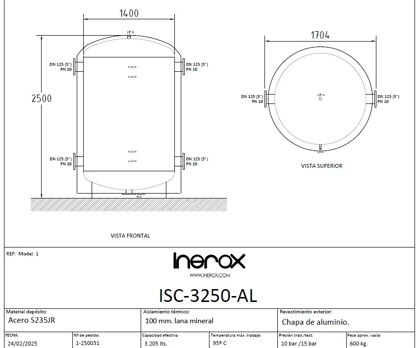 Plano técnico de un depósito de inercia ISC-3250-AL fabricado a medida por INEROX